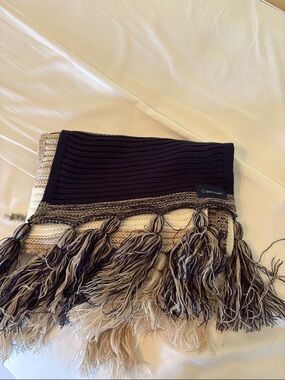 Calvin Klein Navy and Beige Tassel Knit Scarf